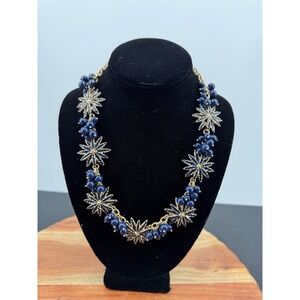 Talbots Floral Starburst Statement Necklace Womens OS Navy Blue Gold Tone Bead